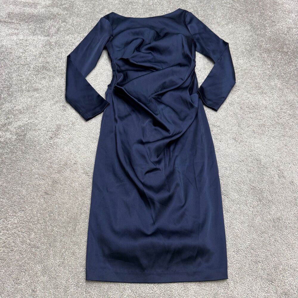 Betsy & Adam Ruched Sheath Midi Dress Womens 8 Navy Blue Long Sleeve Cocktail